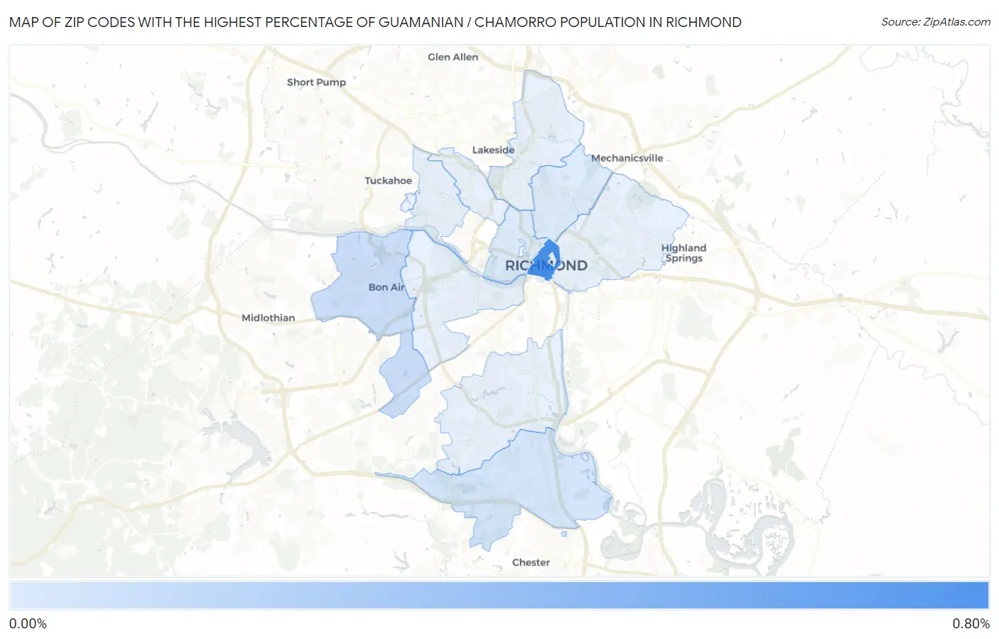 Zip Codes with the Highest Percentage of Guamanian / Chamorro Population in Richmond Map