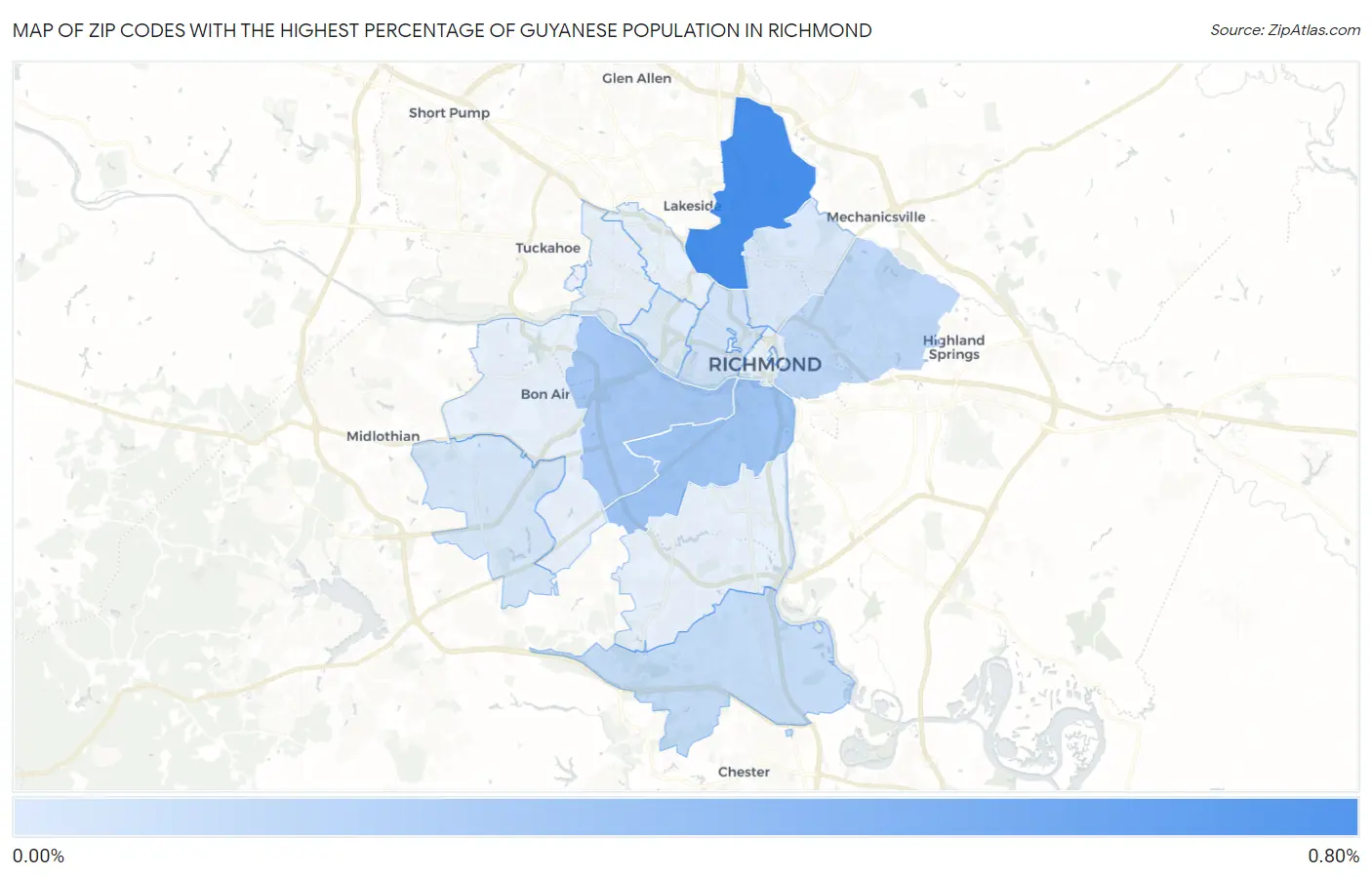 Zip Codes with the Highest Percentage of Guyanese Population in Richmond Map