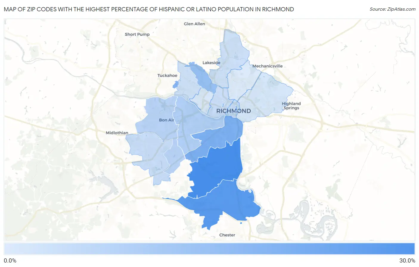 Zip Codes with the Highest Percentage of Hispanic or Latino Population in Richmond Map