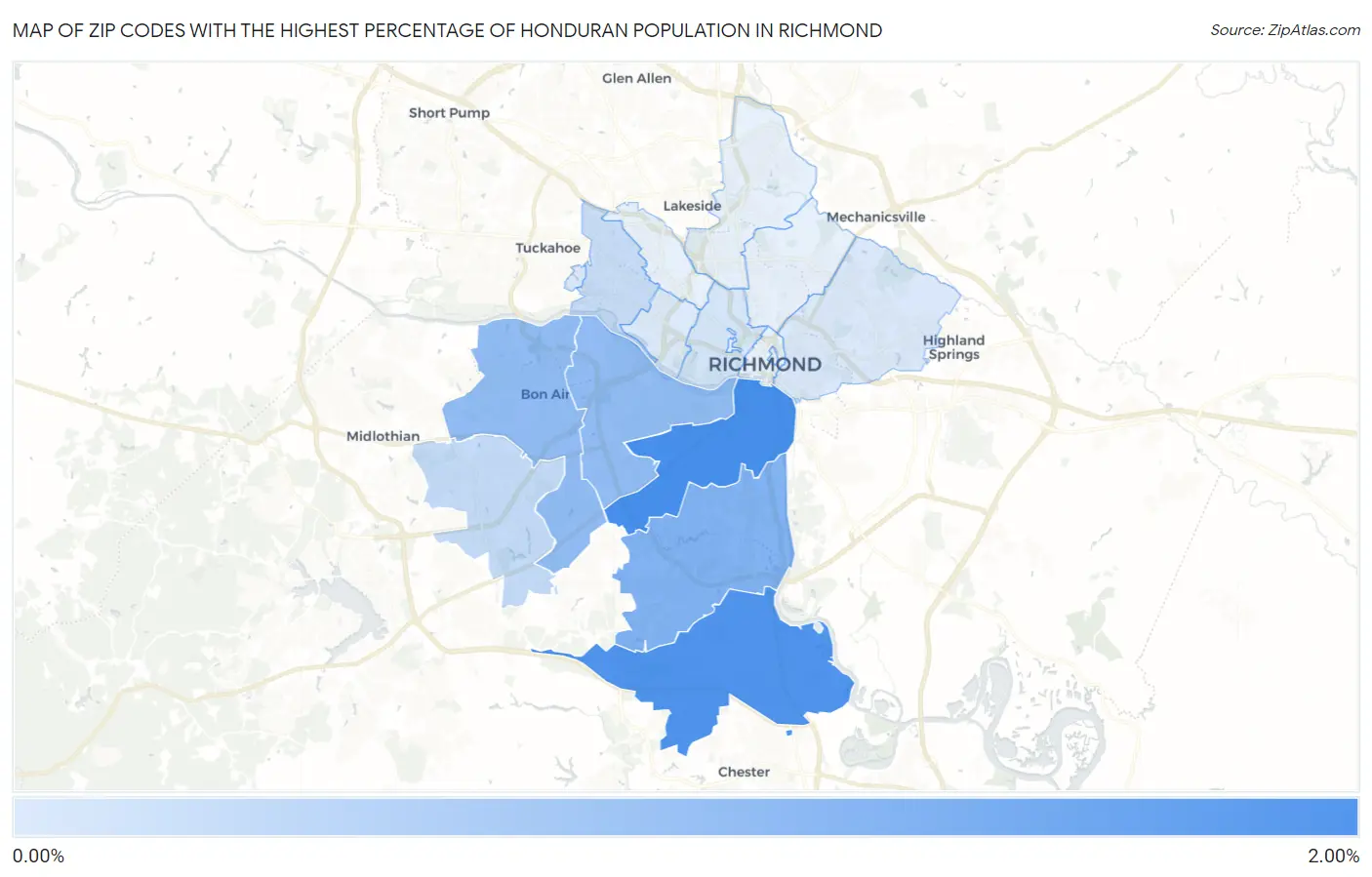 Zip Codes with the Highest Percentage of Honduran Population in Richmond Map