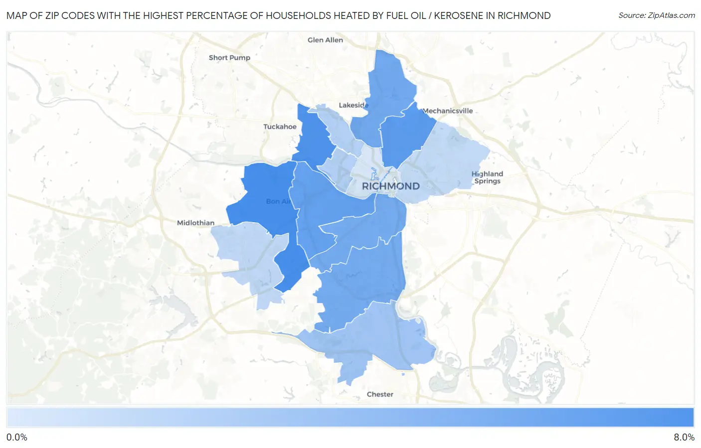 Zip Codes with the Highest Percentage of Households Heated by Fuel Oil / Kerosene in Richmond Map