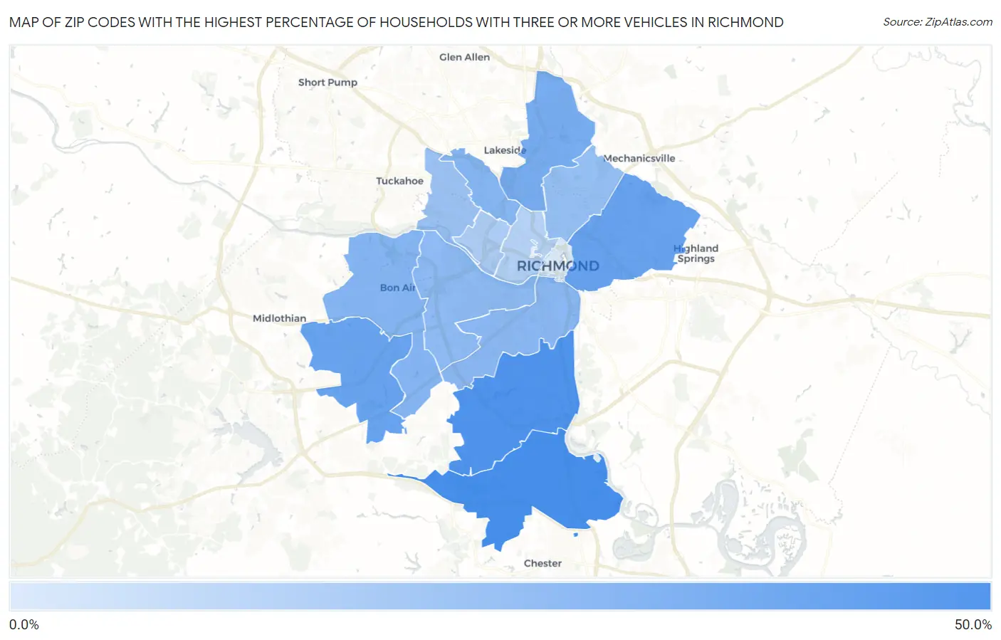 Zip Codes with the Highest Percentage of Households With Three or more Vehicles in Richmond Map
