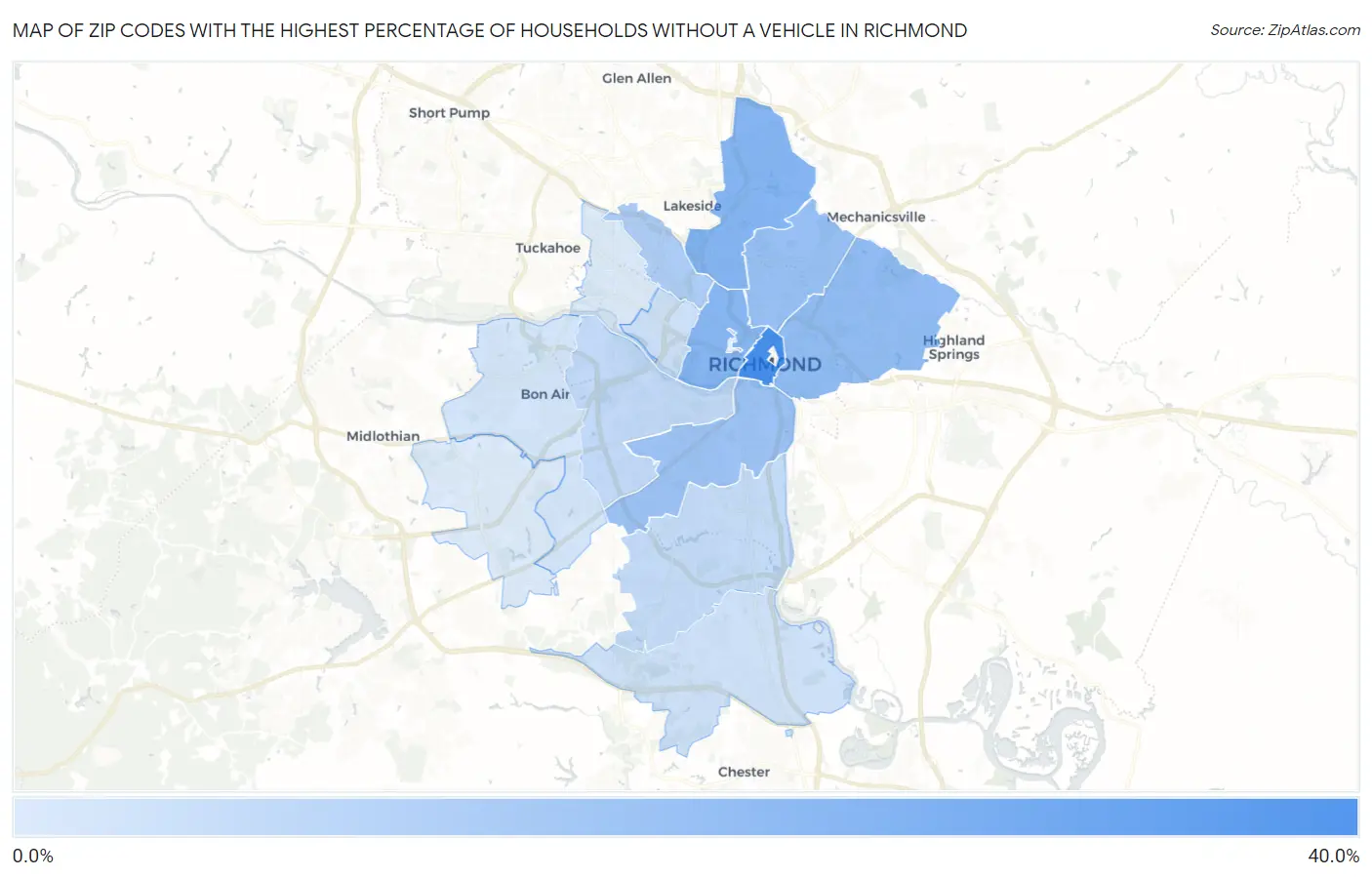Zip Codes with the Highest Percentage of Households Without a Vehicle in Richmond Map