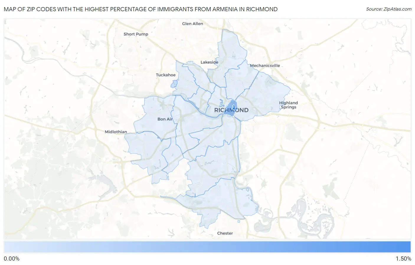 Zip Codes with the Highest Percentage of Immigrants from Armenia in Richmond Map