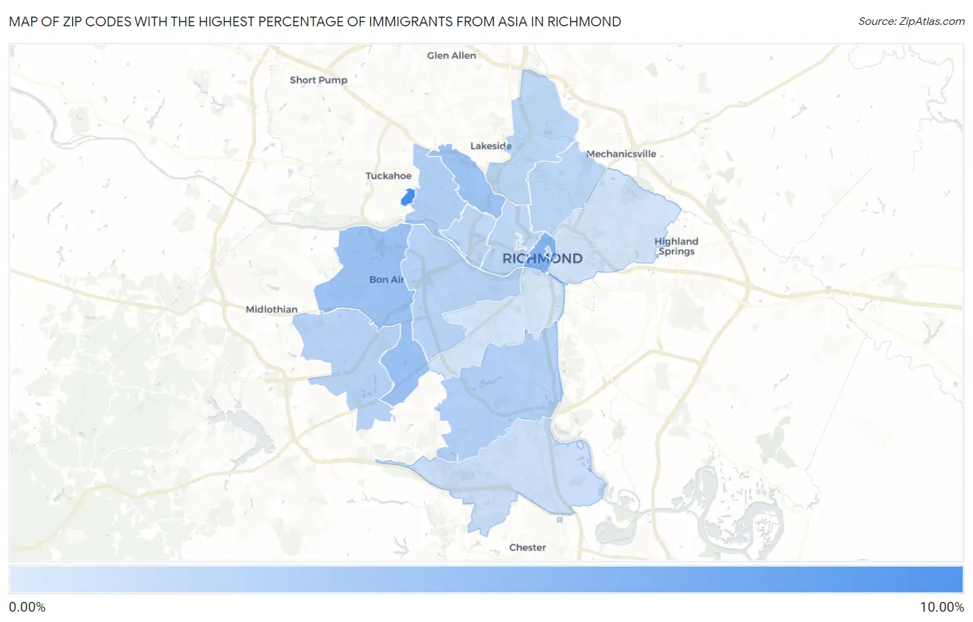 Zip Codes with the Highest Percentage of Immigrants from Asia in Richmond Map