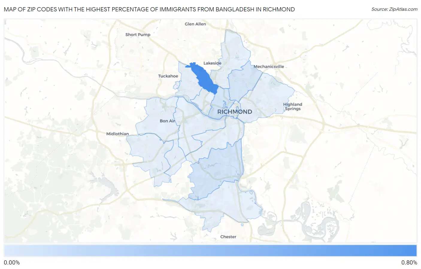 Zip Codes with the Highest Percentage of Immigrants from Bangladesh in Richmond Map