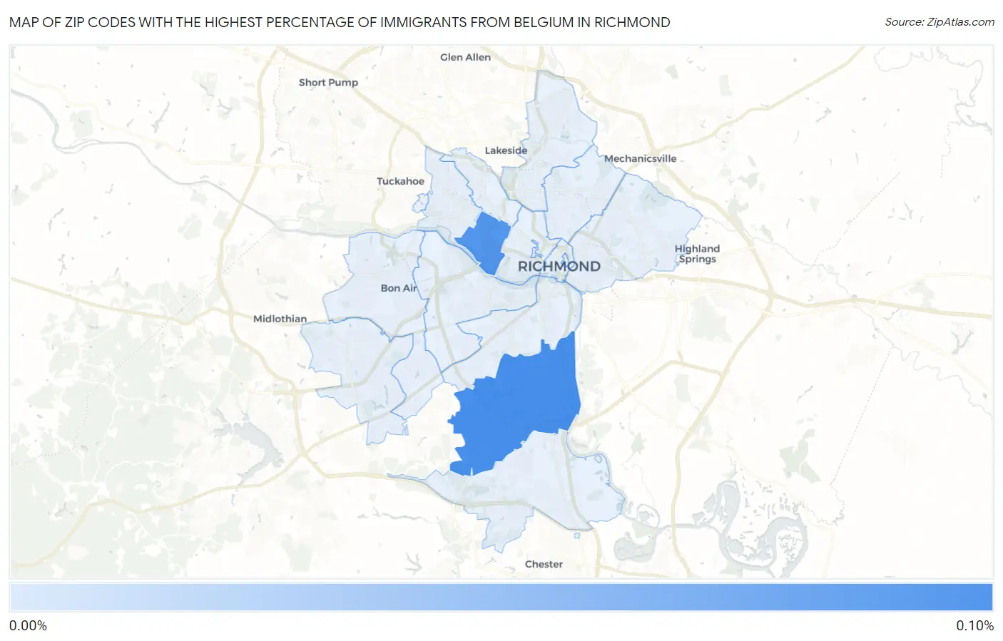 Zip Codes with the Highest Percentage of Immigrants from Belgium in Richmond Map