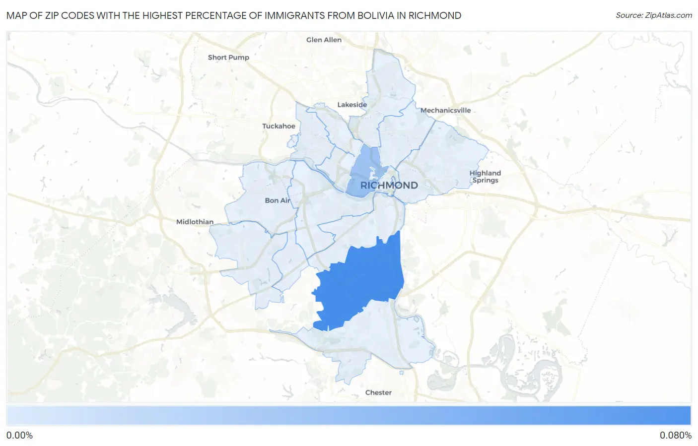 Zip Codes with the Highest Percentage of Immigrants from Bolivia in Richmond Map