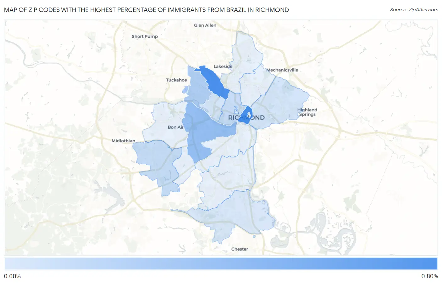 Zip Codes with the Highest Percentage of Immigrants from Brazil in Richmond Map