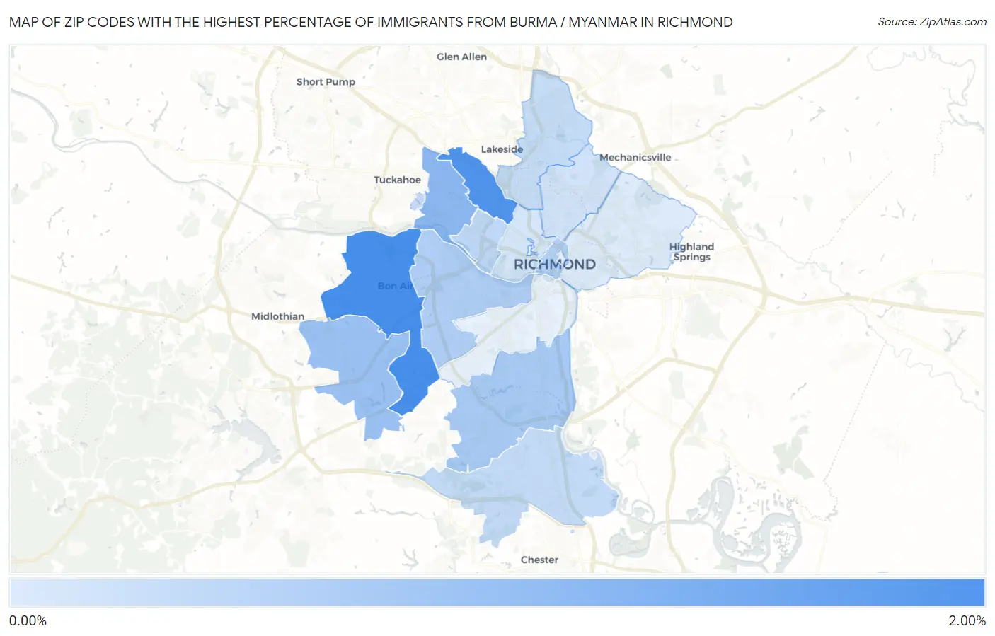 Zip Codes with the Highest Percentage of Immigrants from Burma / Myanmar in Richmond Map