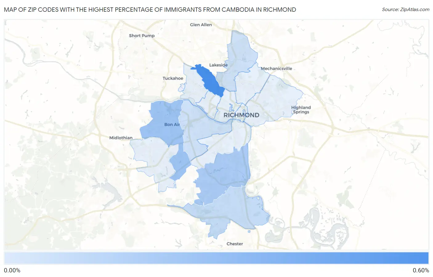 Zip Codes with the Highest Percentage of Immigrants from Cambodia in Richmond Map