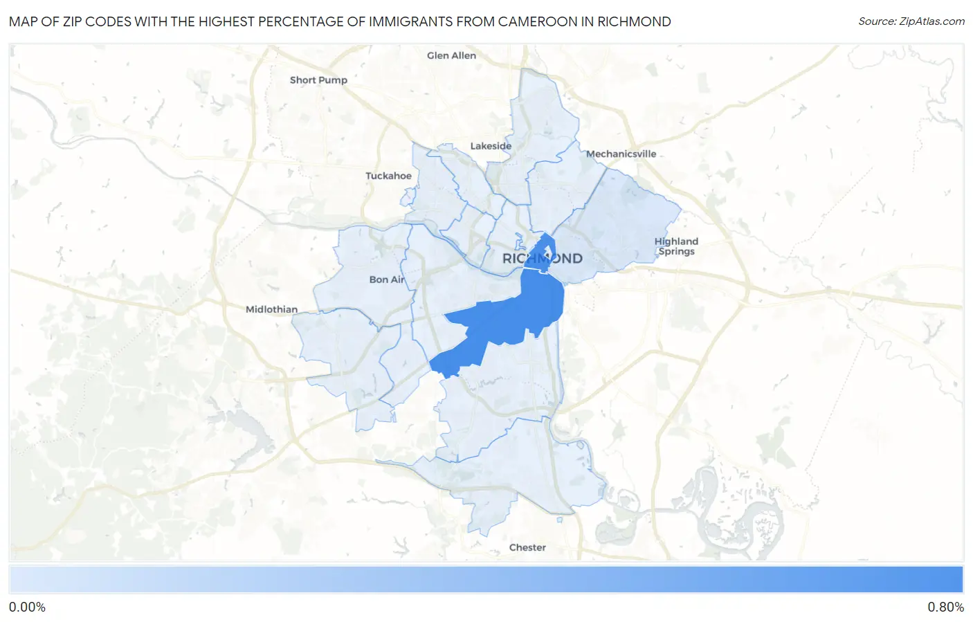 Zip Codes with the Highest Percentage of Immigrants from Cameroon in Richmond Map