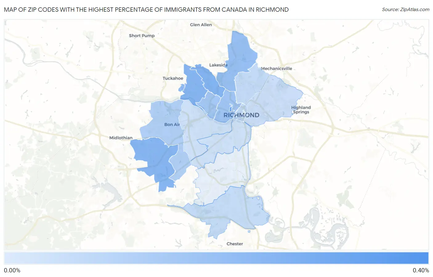 Zip Codes with the Highest Percentage of Immigrants from Canada in Richmond Map