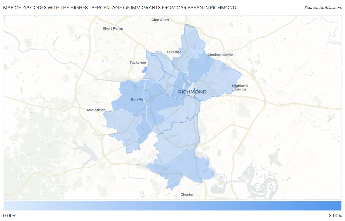 Zip Codes with the Highest Percentage of Immigrants from Caribbean in Richmond Map