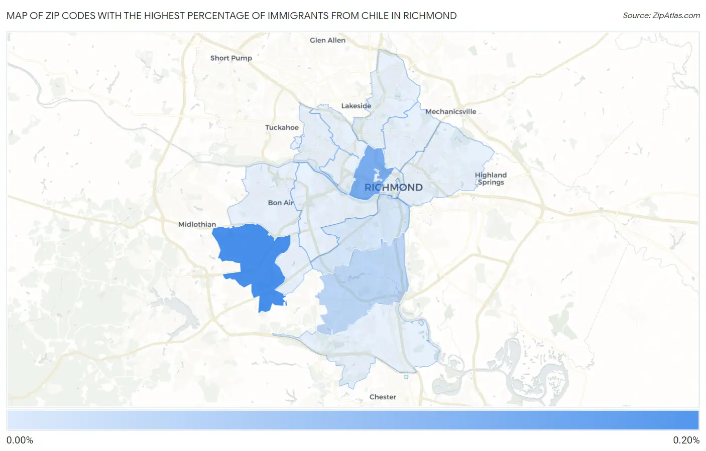 Zip Codes with the Highest Percentage of Immigrants from Chile in Richmond Map