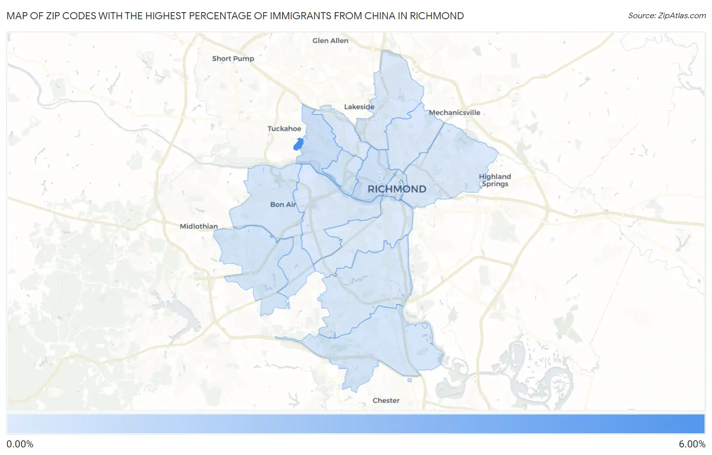 Zip Codes with the Highest Percentage of Immigrants from China in Richmond Map