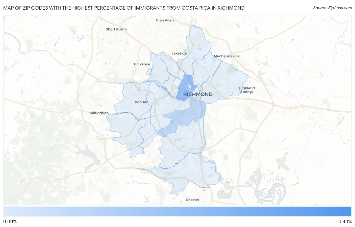 Zip Codes with the Highest Percentage of Immigrants from Costa Rica in Richmond Map