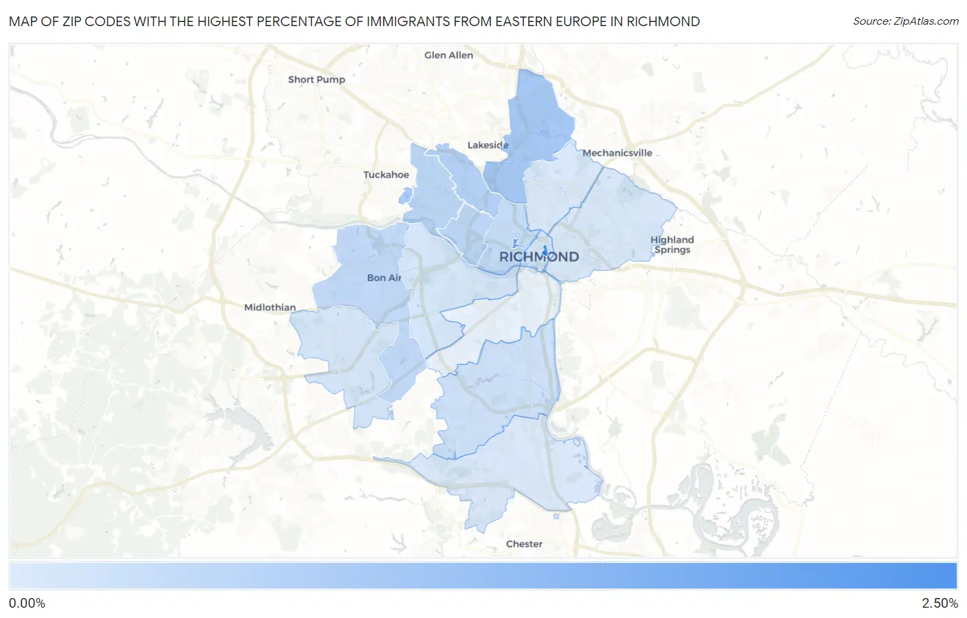 Zip Codes with the Highest Percentage of Immigrants from Eastern Europe in Richmond Map