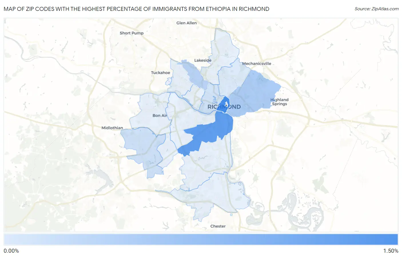 Zip Codes with the Highest Percentage of Immigrants from Ethiopia in Richmond Map