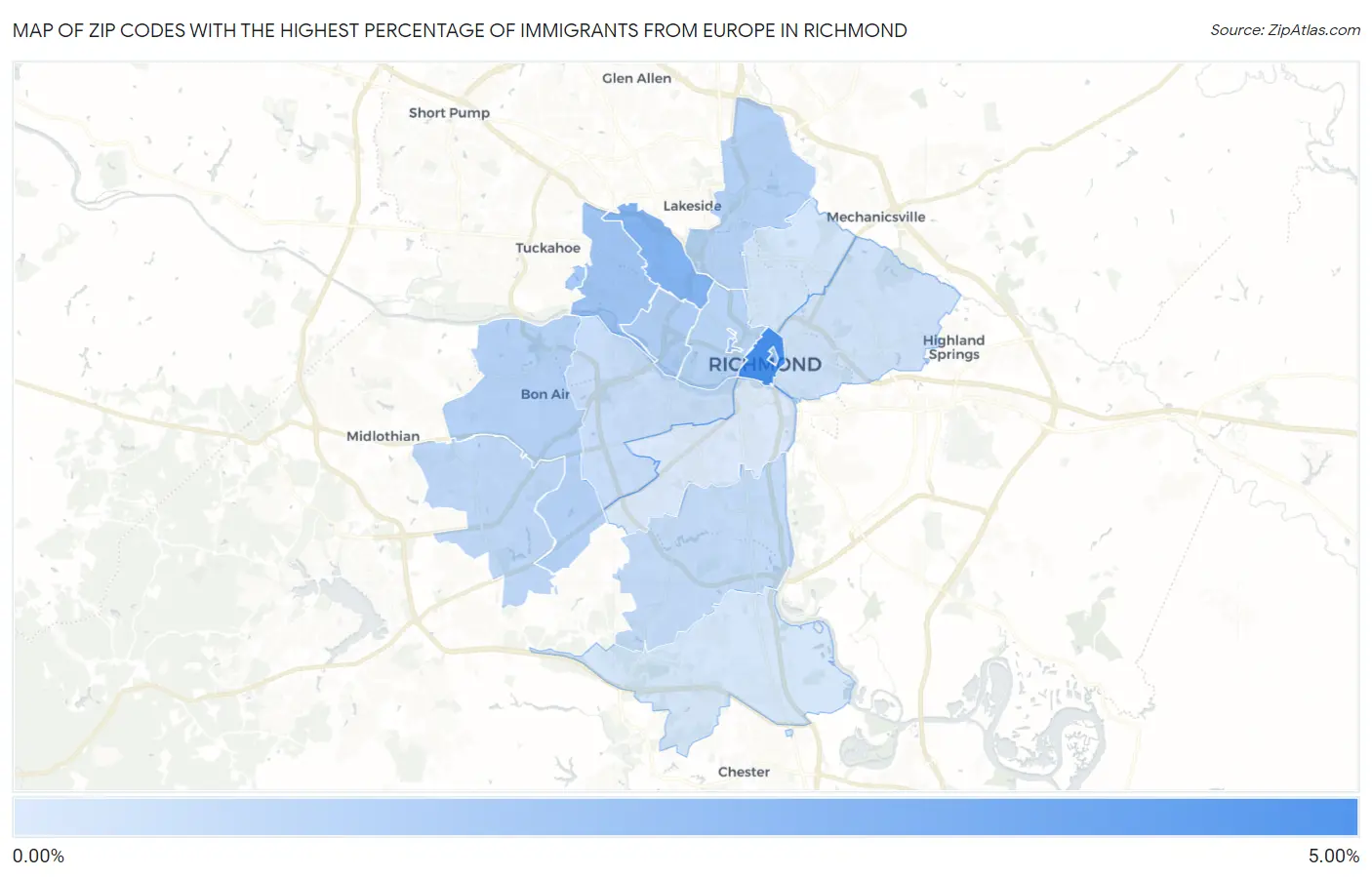 Zip Codes with the Highest Percentage of Immigrants from Europe in Richmond Map