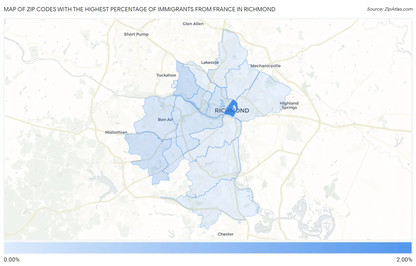 Zip Codes with the Highest Percentage of Immigrants from France in Richmond Map