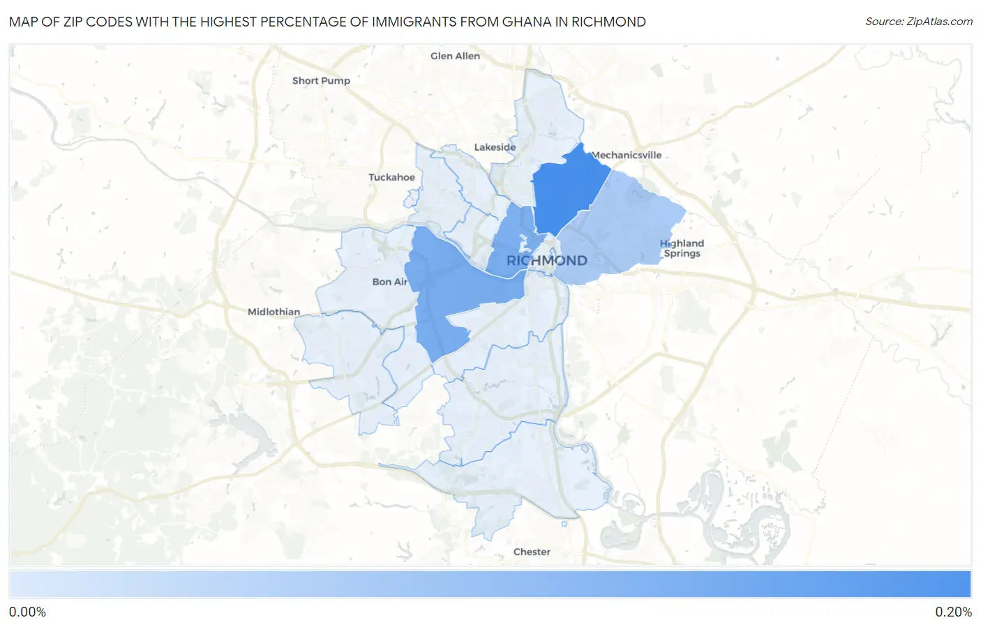 Zip Codes with the Highest Percentage of Immigrants from Ghana in Richmond Map