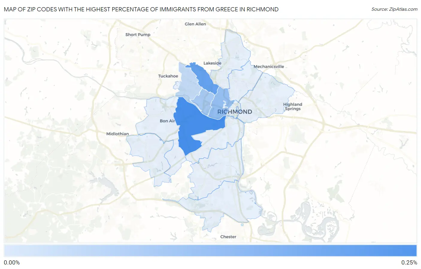 Zip Codes with the Highest Percentage of Immigrants from Greece in Richmond Map