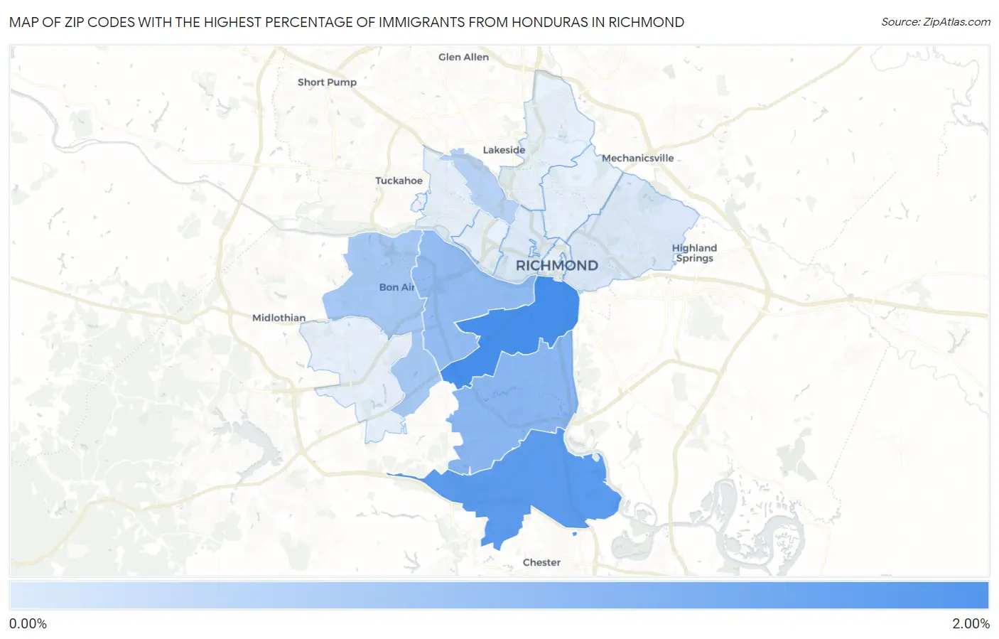 Zip Codes with the Highest Percentage of Immigrants from Honduras in Richmond Map