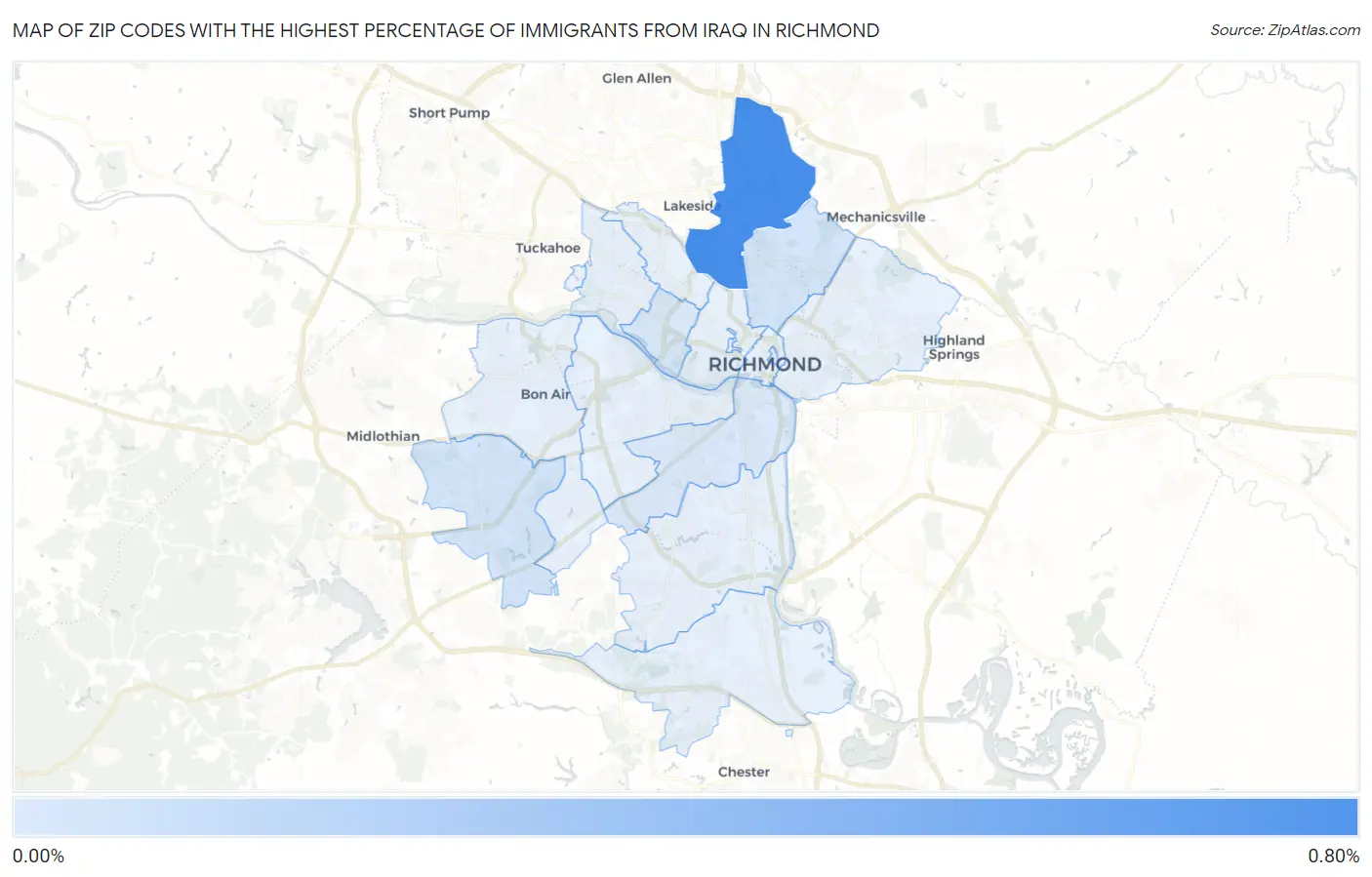 Zip Codes with the Highest Percentage of Immigrants from Iraq in Richmond Map