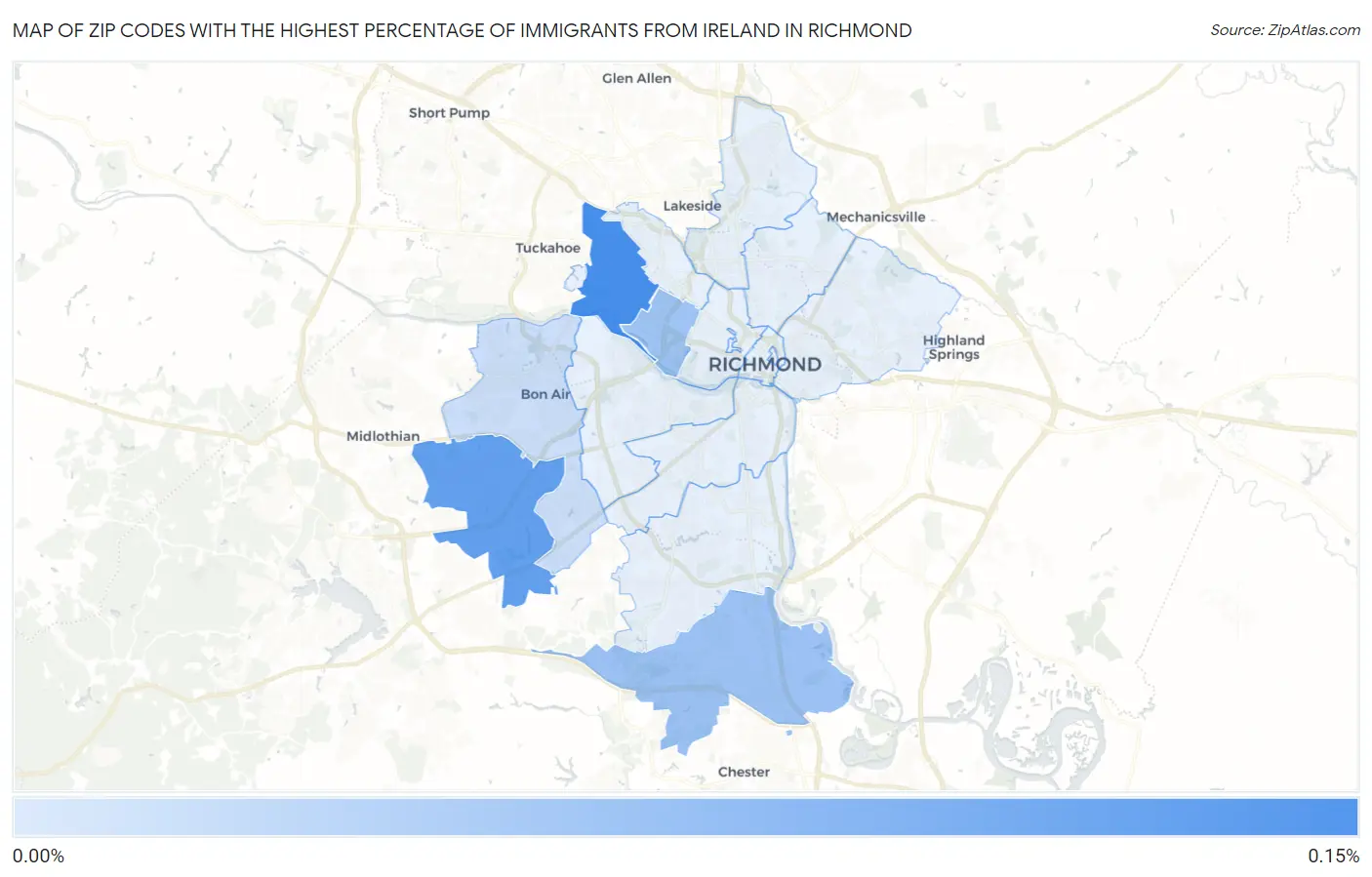 Zip Codes with the Highest Percentage of Immigrants from Ireland in Richmond Map
