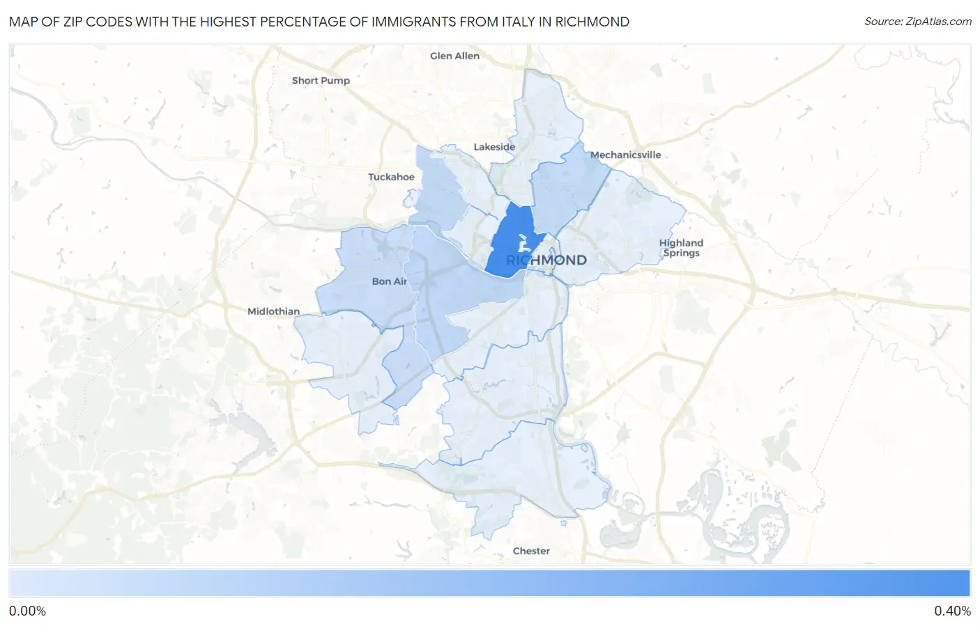 Zip Codes with the Highest Percentage of Immigrants from Italy in Richmond Map