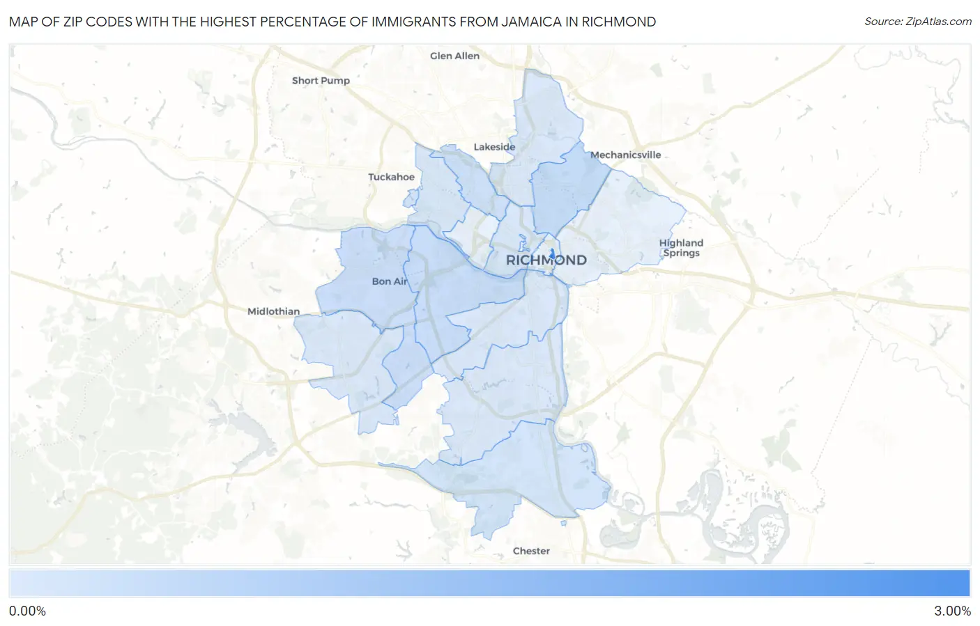 Zip Codes with the Highest Percentage of Immigrants from Jamaica in Richmond Map