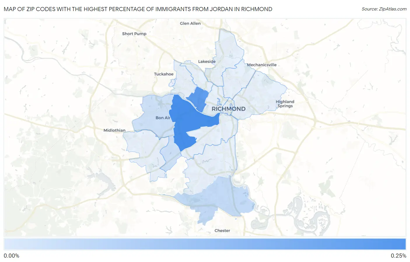 Zip Codes with the Highest Percentage of Immigrants from Jordan in Richmond Map