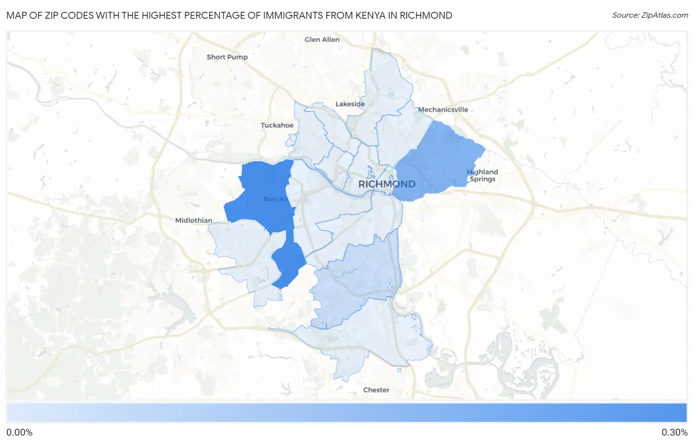 Zip Codes with the Highest Percentage of Immigrants from Kenya in Richmond Map