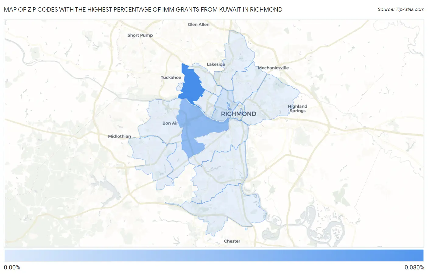 Zip Codes with the Highest Percentage of Immigrants from Kuwait in Richmond Map