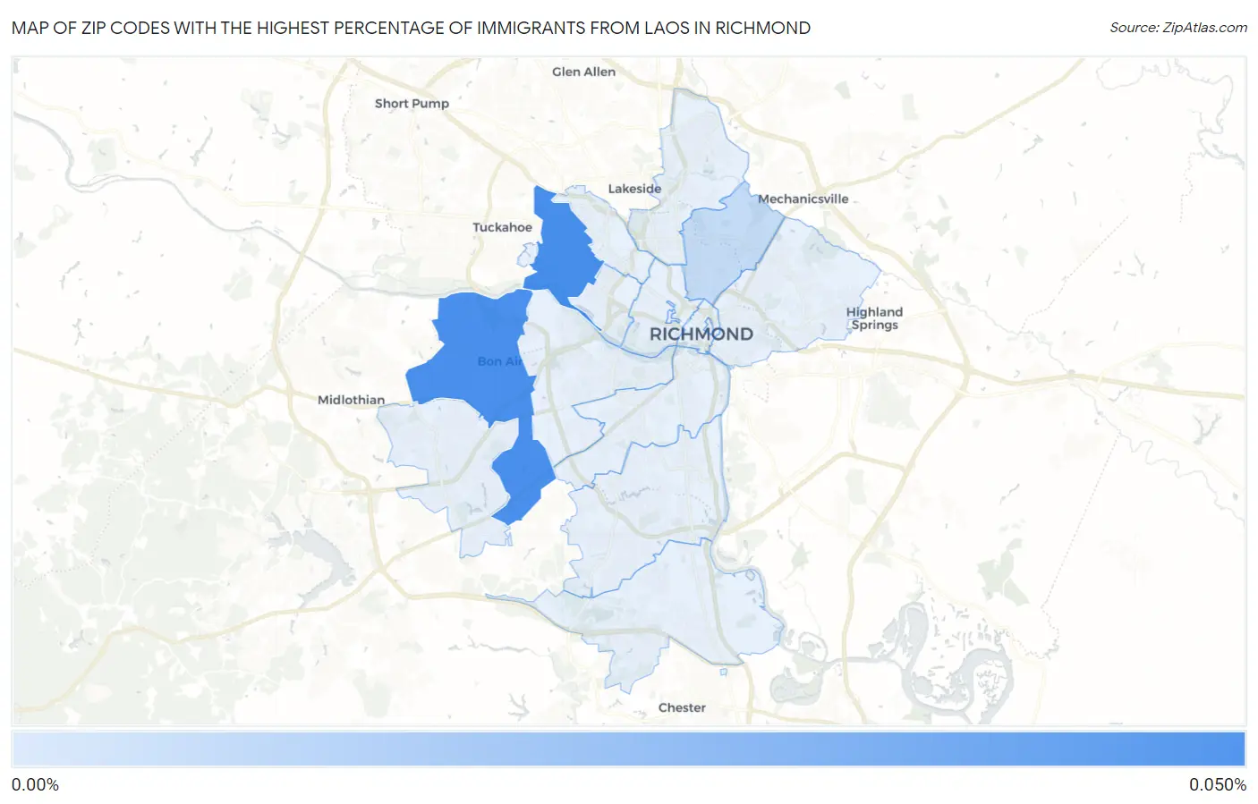 Zip Codes with the Highest Percentage of Immigrants from Laos in Richmond Map