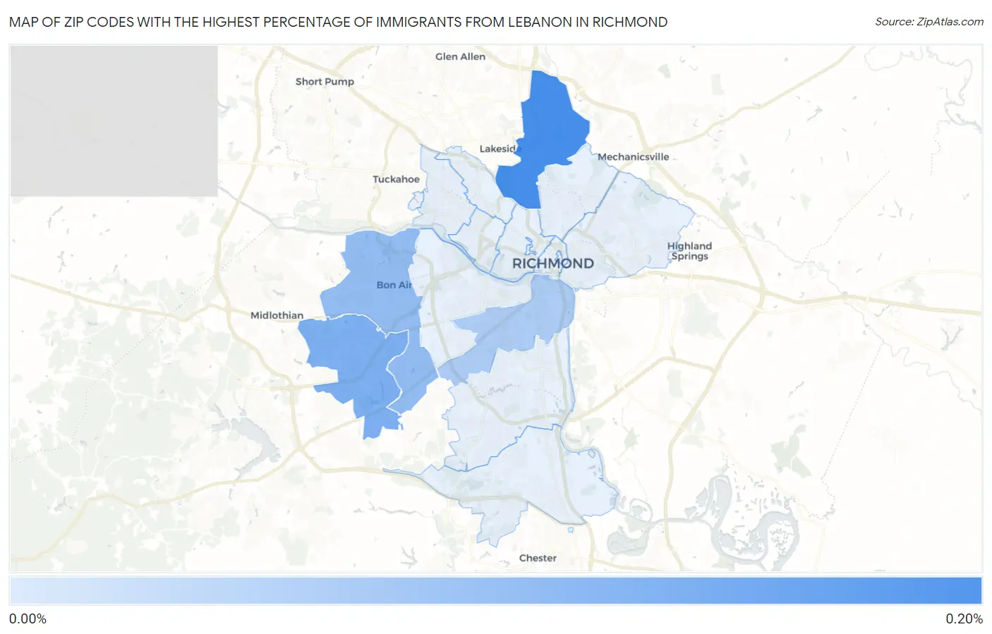 Zip Codes with the Highest Percentage of Immigrants from Lebanon in Richmond Map
