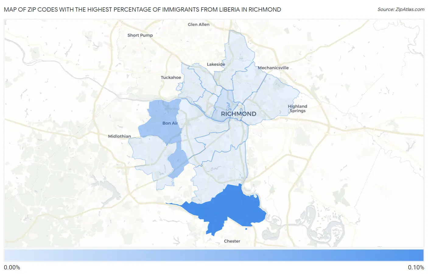 Zip Codes with the Highest Percentage of Immigrants from Liberia in Richmond Map