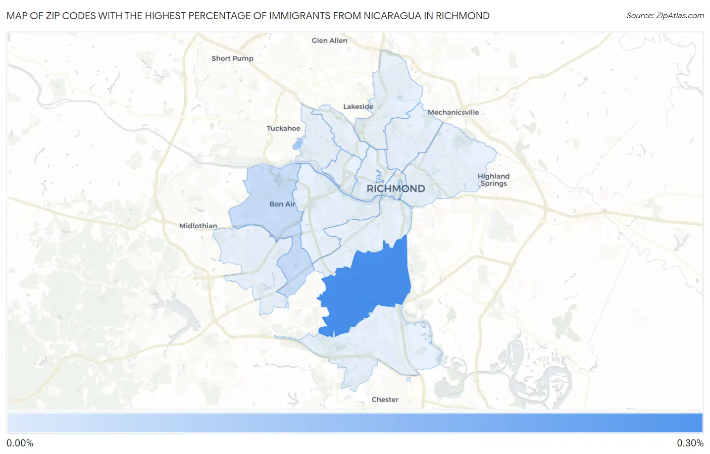 Zip Codes with the Highest Percentage of Immigrants from Nicaragua in Richmond Map