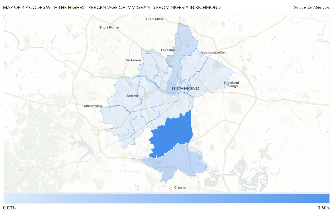 Zip Codes with the Highest Percentage of Immigrants from Nigeria in Richmond Map