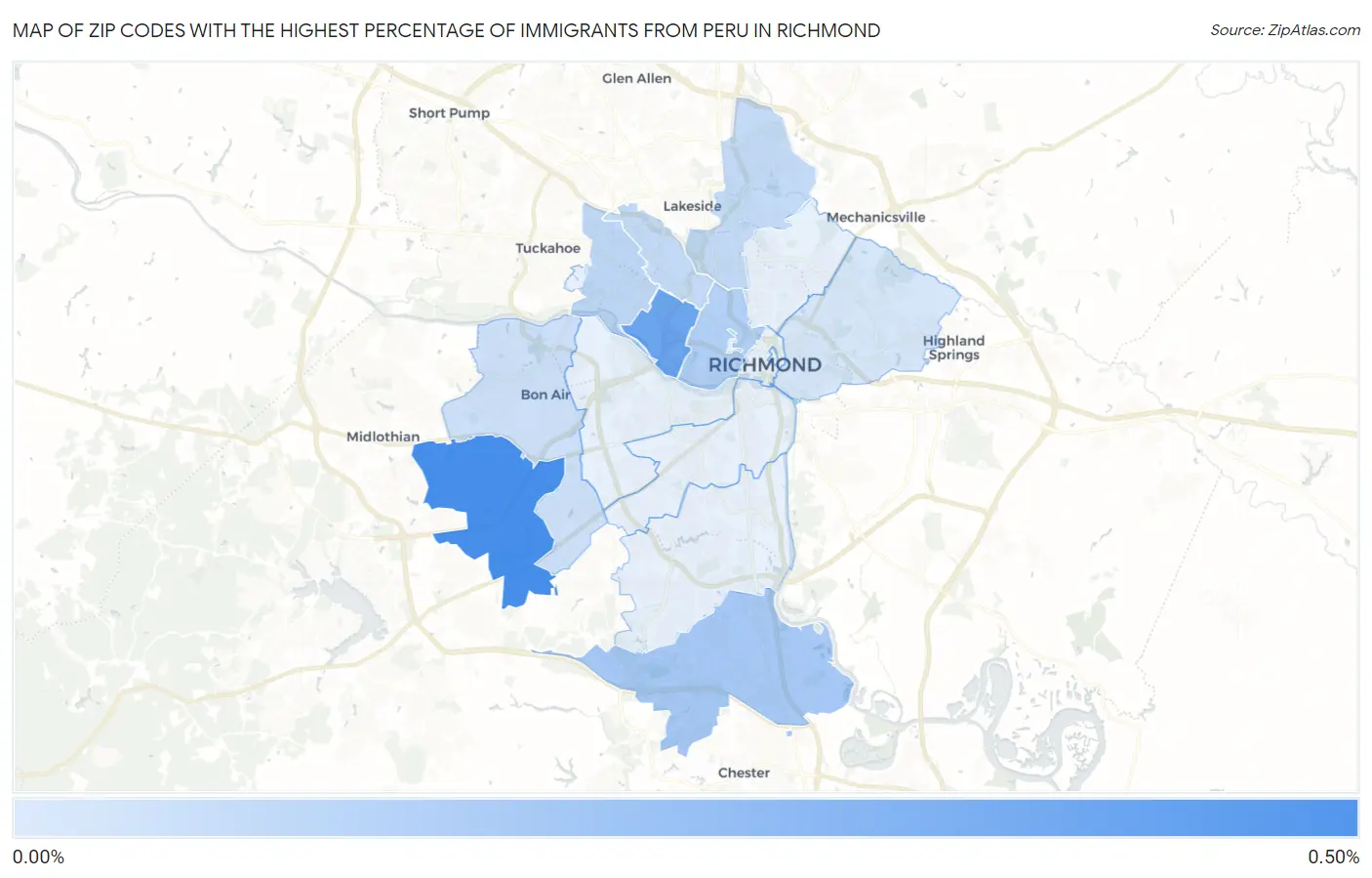 Zip Codes with the Highest Percentage of Immigrants from Peru in Richmond Map