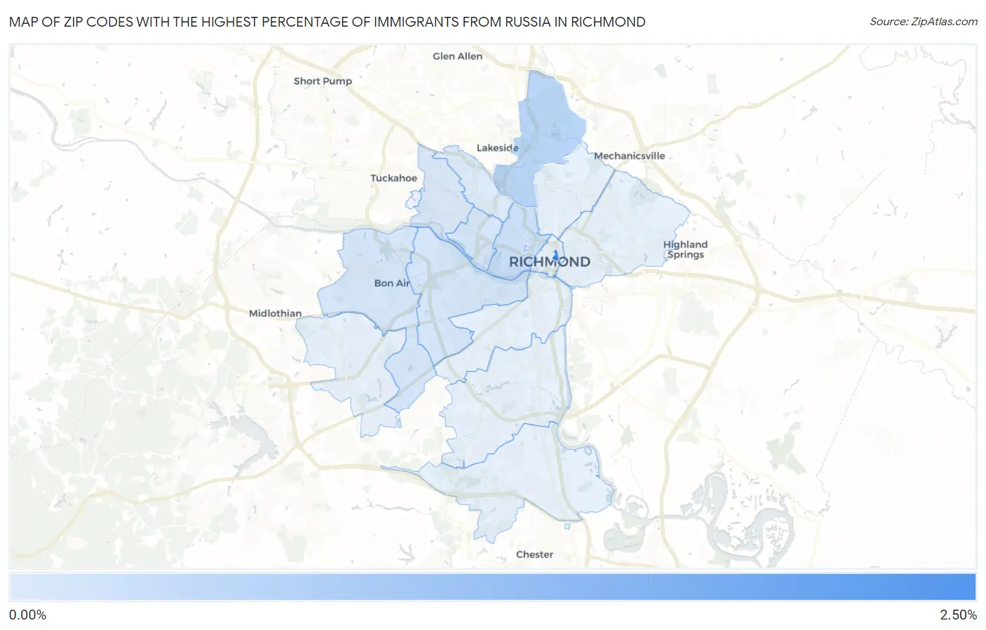 Zip Codes with the Highest Percentage of Immigrants from Russia in Richmond Map