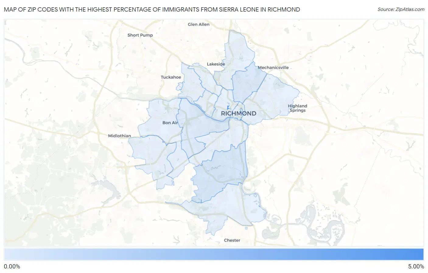 Zip Codes with the Highest Percentage of Immigrants from Sierra Leone in Richmond Map