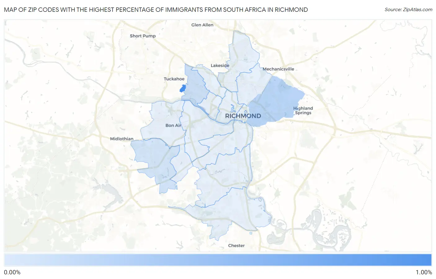 Zip Codes with the Highest Percentage of Immigrants from South Africa in Richmond Map