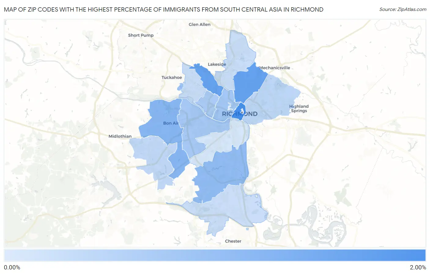 Zip Codes with the Highest Percentage of Immigrants from South Central Asia in Richmond Map