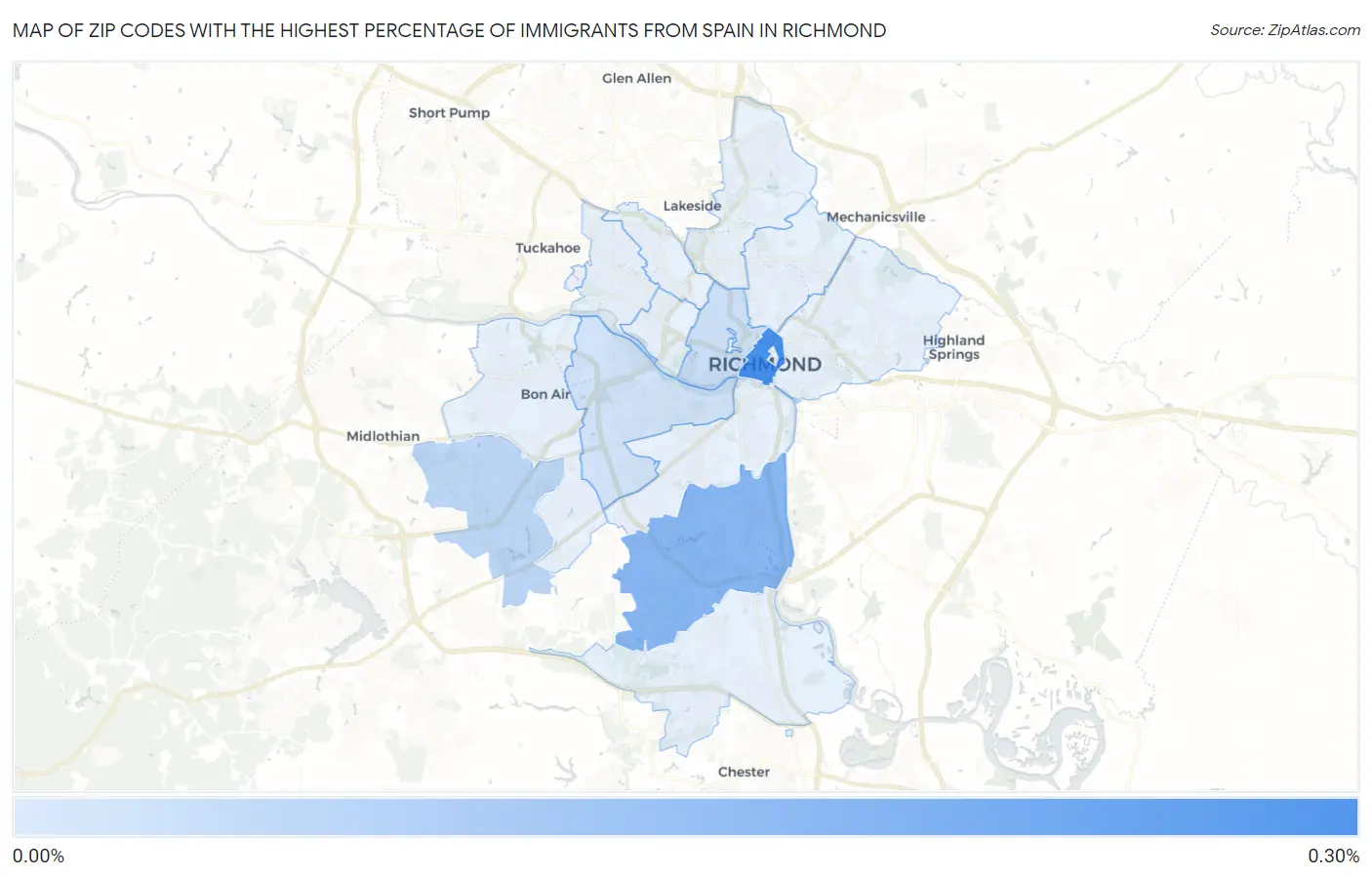 Zip Codes with the Highest Percentage of Immigrants from Spain in Richmond Map