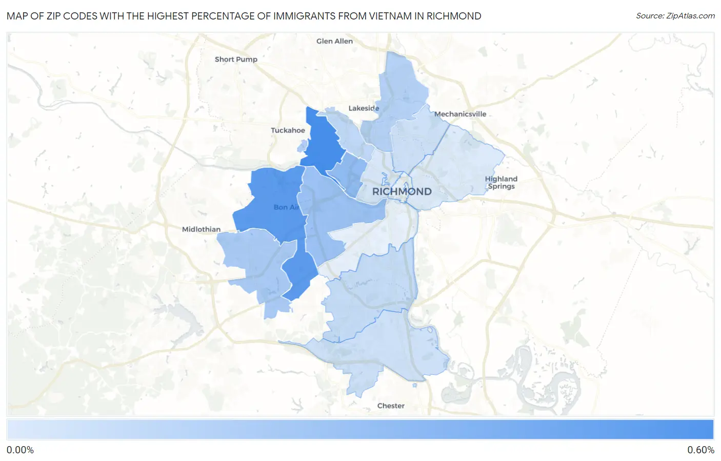 Zip Codes with the Highest Percentage of Immigrants from Vietnam in Richmond Map
