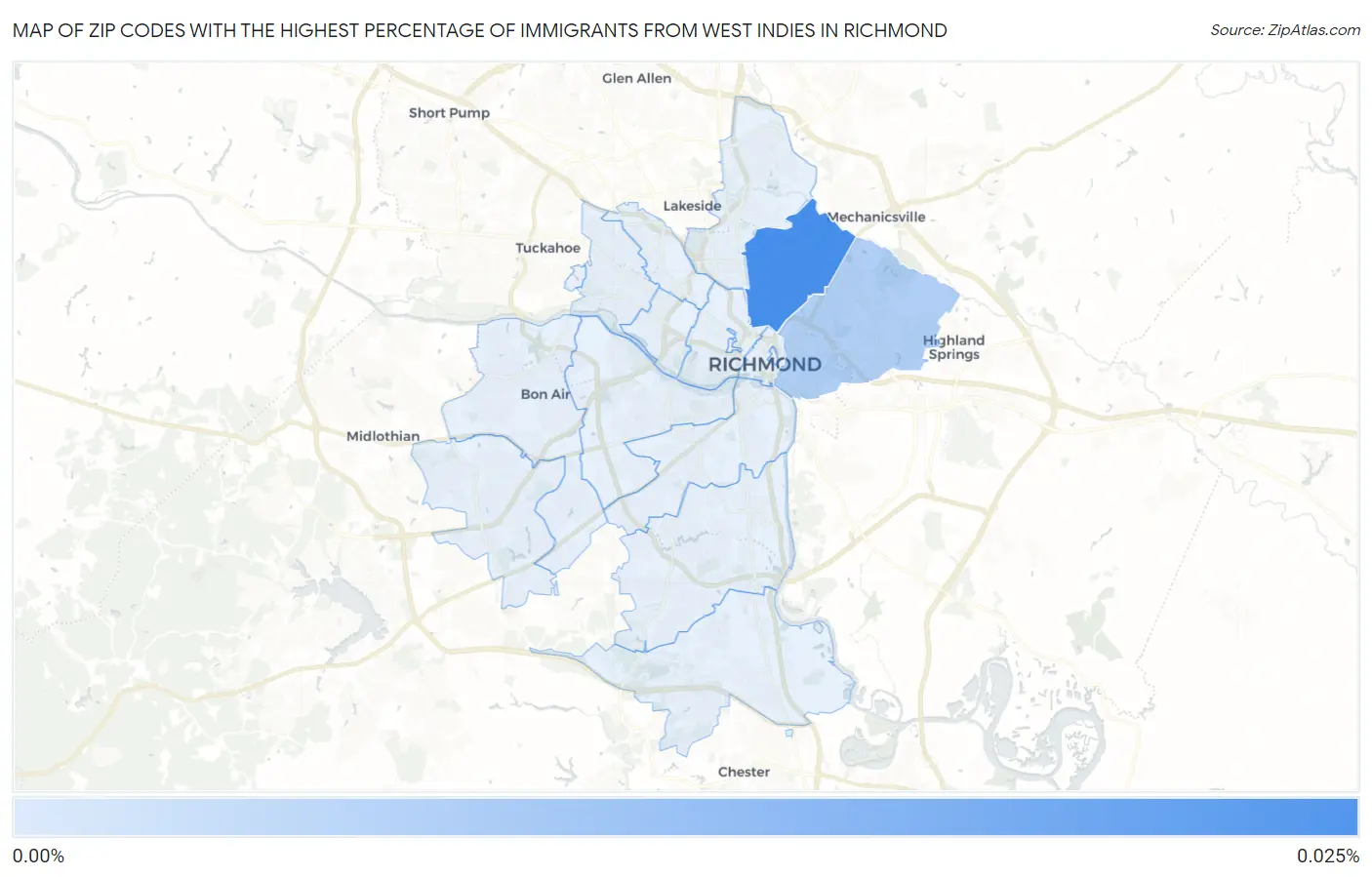 Zip Codes with the Highest Percentage of Immigrants from West Indies in Richmond Map