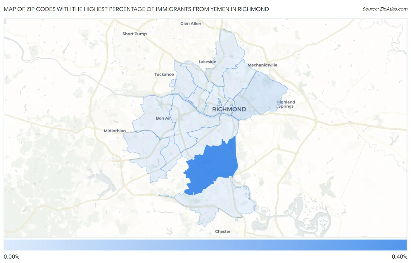 Zip Codes with the Highest Percentage of Immigrants from Yemen in Richmond Map