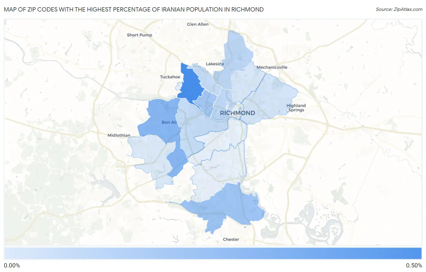 Zip Codes with the Highest Percentage of Iranian Population in Richmond Map